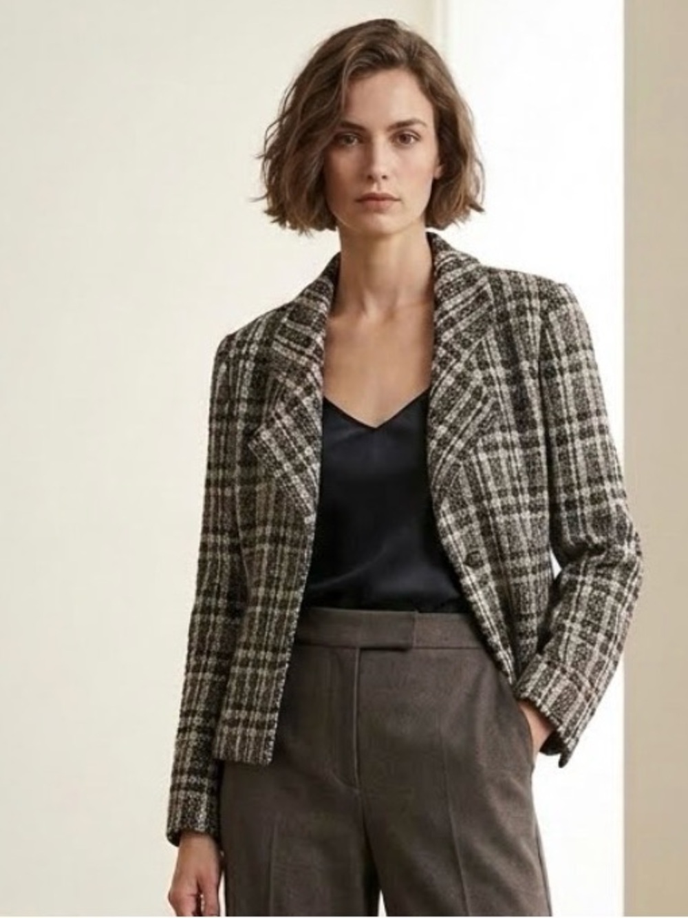 Giorgio ARMANI Black & White Plaid Cropped Wool Jacket Vintage 1980s